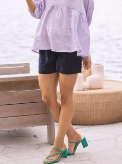 Summer Maternity Low Waist Linen Shorts in Navy