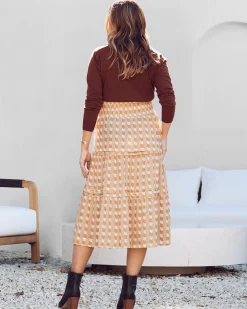 Tracy Maternity Ruffled Midi Skirt in Sandstone Stripe
