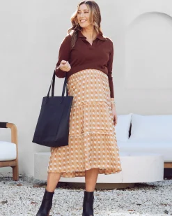 Tracy Maternity Ruffled Midi Skirt in Sandstone Stripe