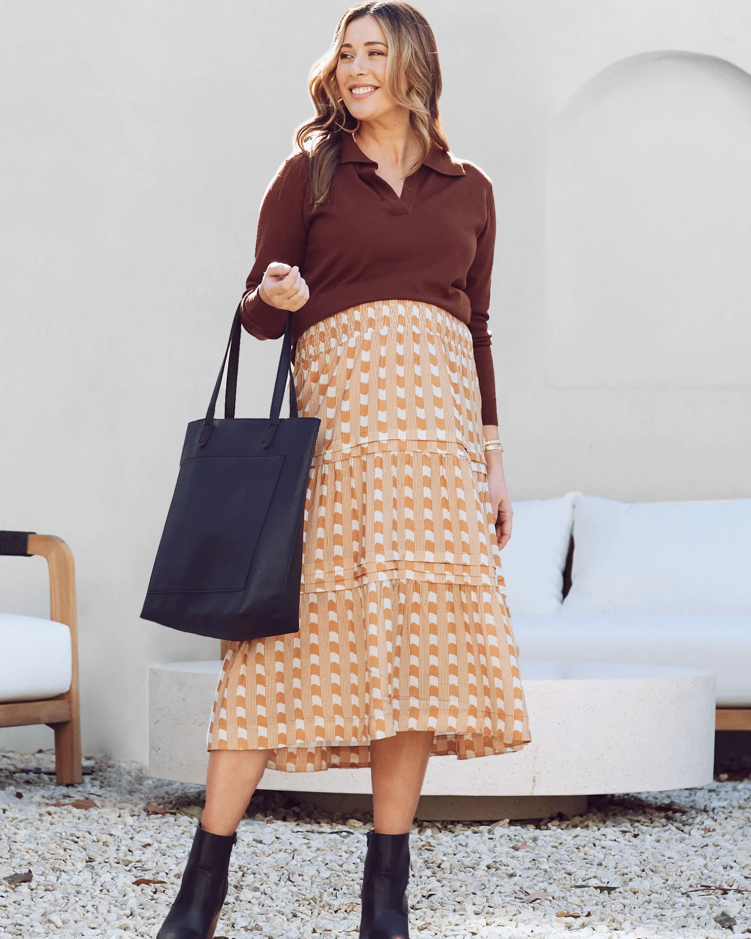 Tracy Maternity Ruffled Midi Skirt in Sandstone Stripe