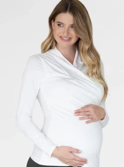 White Maternity Crossover Bamboo Long Sleeve Top