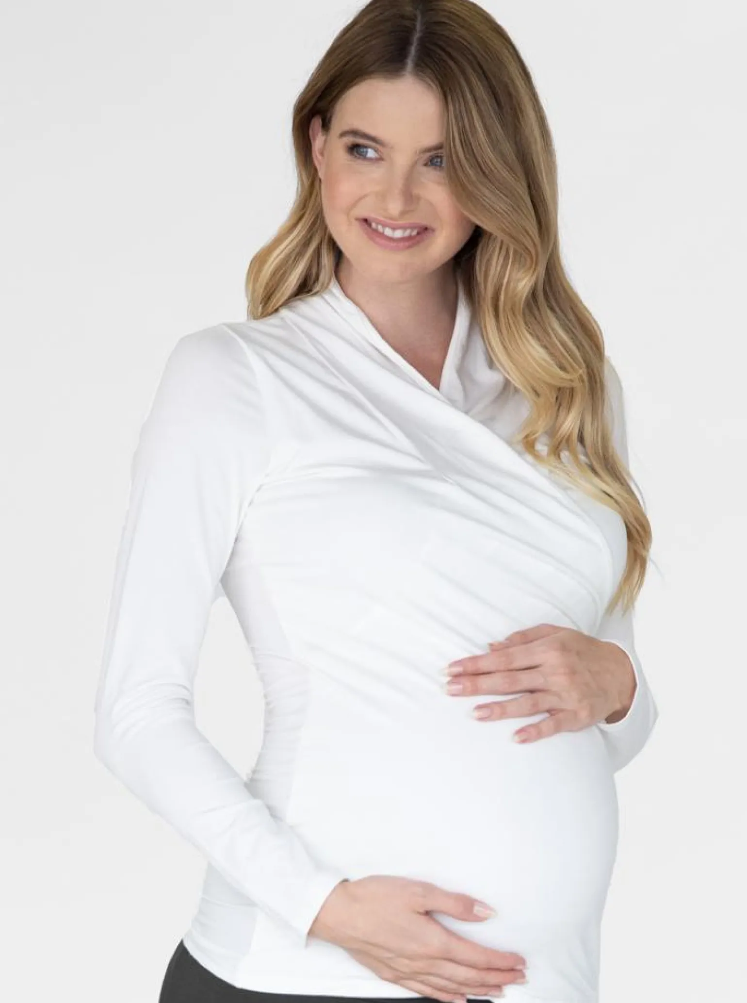 White Maternity Crossover Bamboo Long Sleeve Top